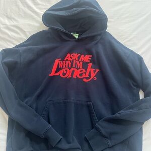 Lonely ghost Navy Hoodie with Red Graphic Text size L